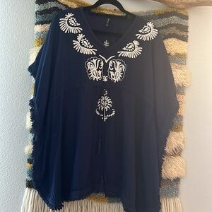 BOHO ME Navy/White Embroidered Tunic Mini Dress Kaftan Swim Cover-Up Women's' L